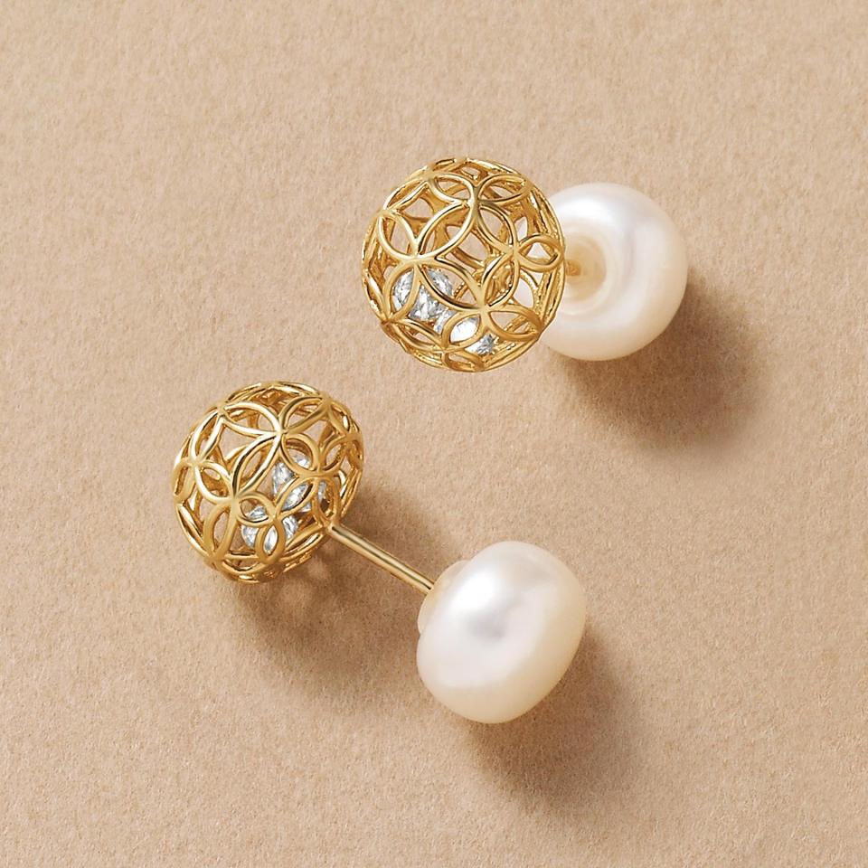 K18　パニエハナカゴパールキャッチピアス(YG)