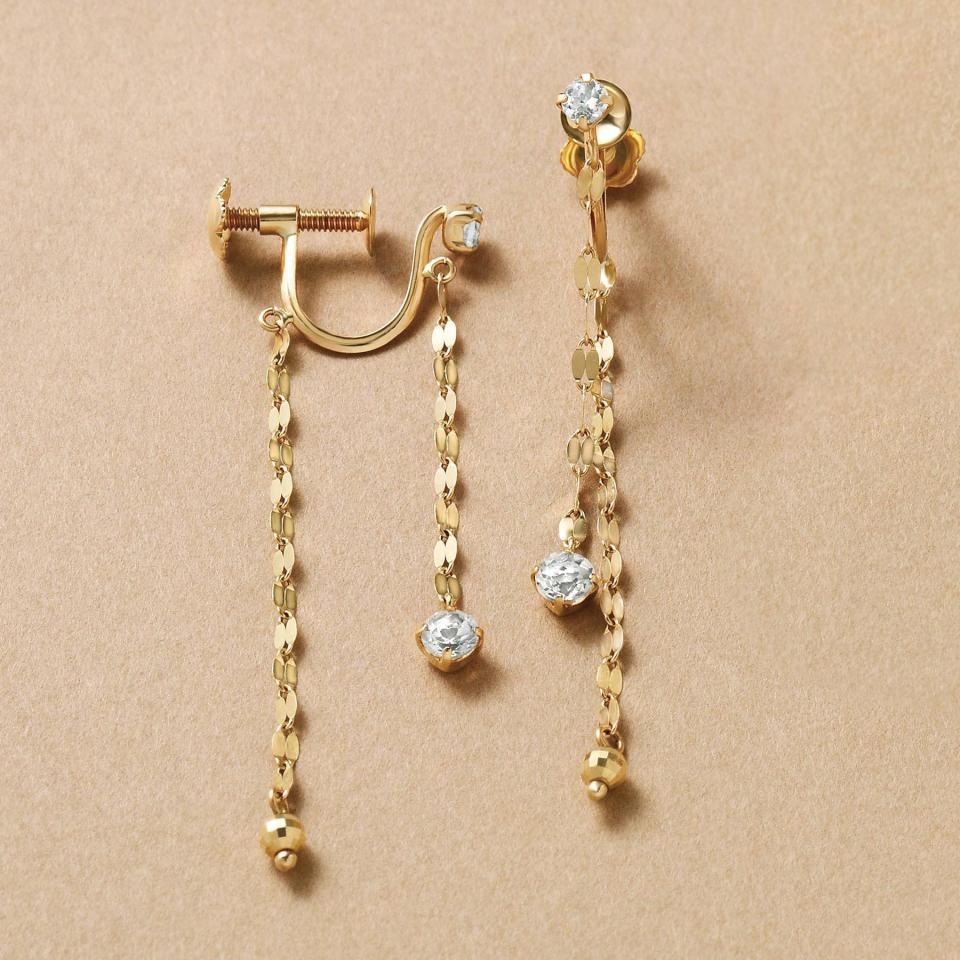 K10ホワイトトパーズ 2連キラキラチェーンイヤリング(YG)